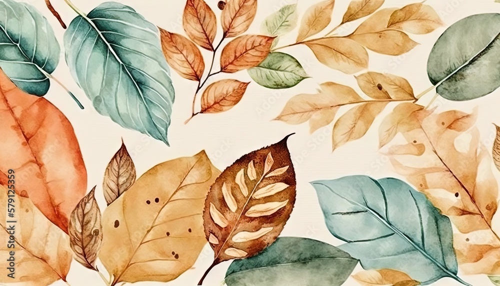  a watercolor painting of leaves on a white background with green, orange, and yellow colors on the 