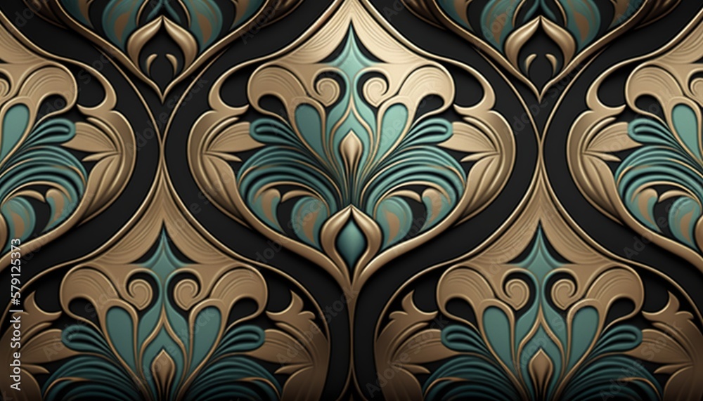  a gold and blue wallpaper with a design on its side and a black background with a gold and blue de