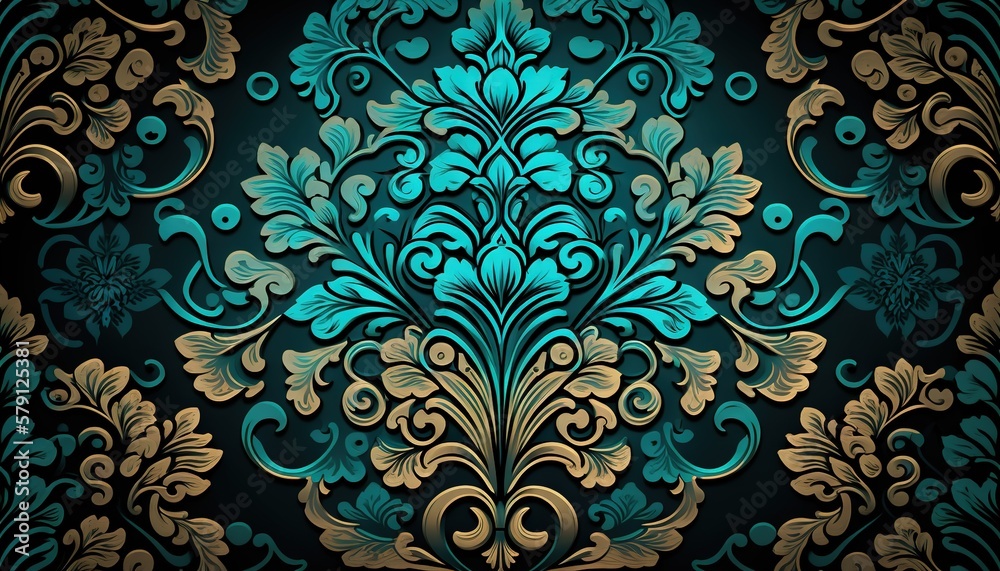  a blue and gold wallpaper with a floral design on its back ground and a black background with a go