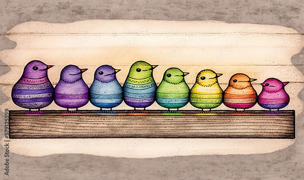  a painting of a group of birds sitting on a wooden plank with a white background and a brown border