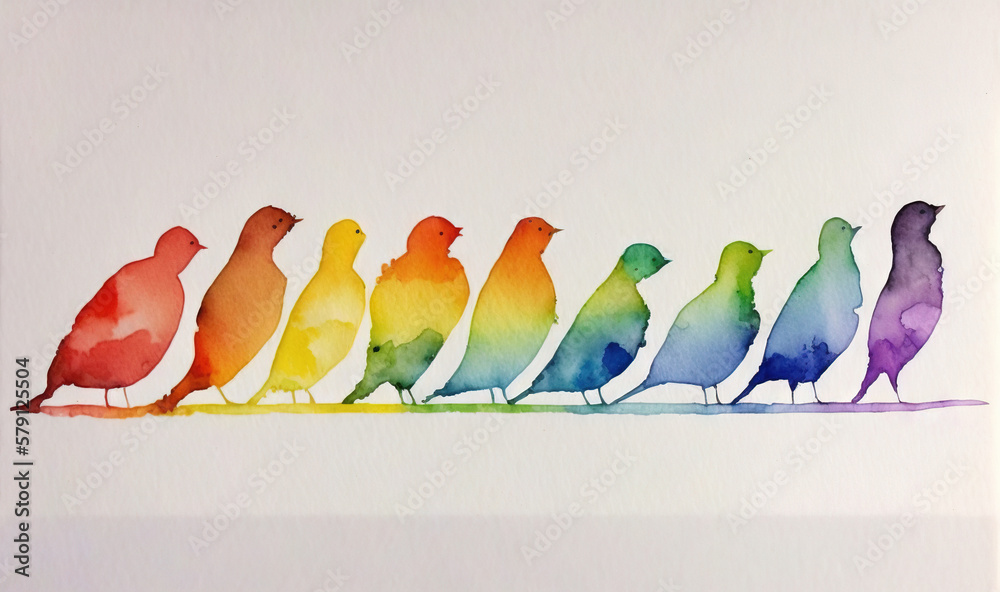  a watercolor painting of birds sitting in a row on a white background with a rainbow hued backgroun