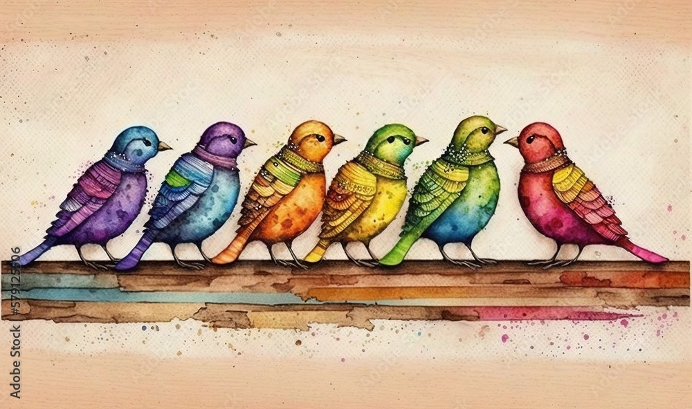  a painting of five colorful birds sitting on a wooden plank with a watercolor splash on the bottom 