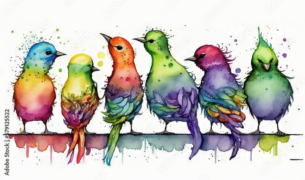  a group of colorful birds sitting on top of a table next to each other on a white background with w