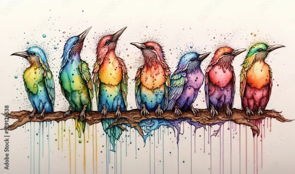  a group of birds sitting on top of a tree branch in front of a white wall with watercolor drops on 