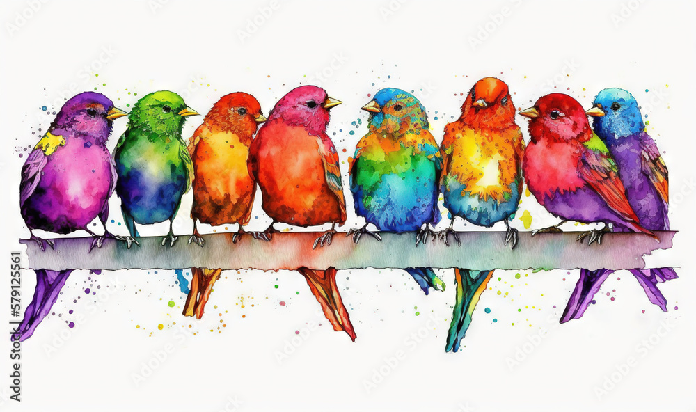  a group of colorful birds sitting on top of a wooden table with watercolor paint on the top of it a