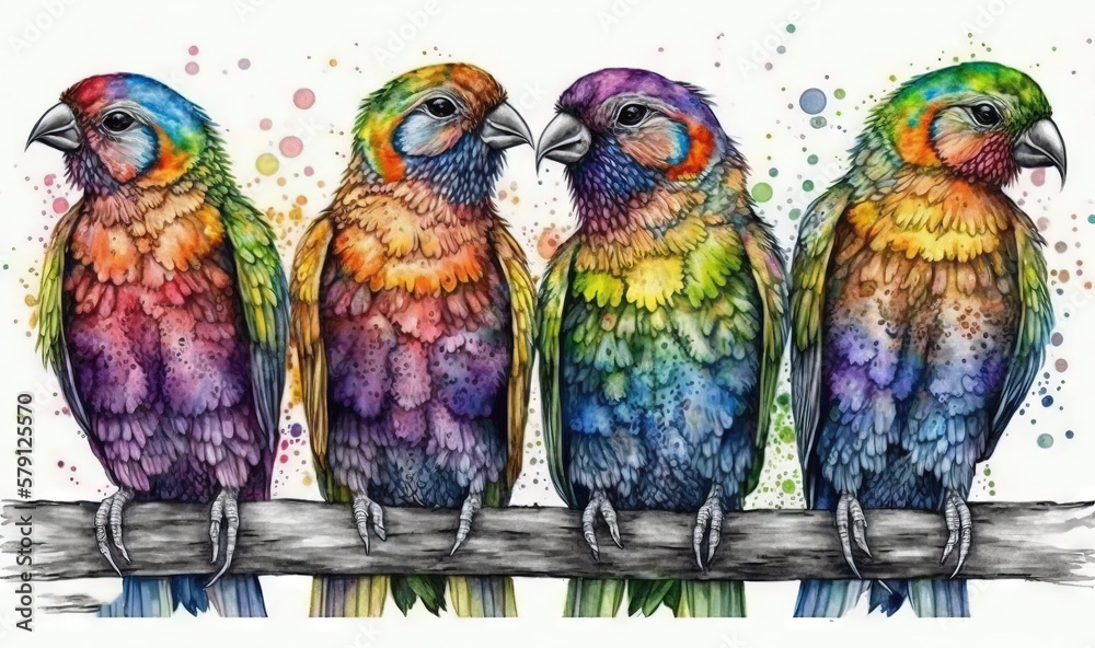  three colorful birds sitting on a branch with watercolor paint splatters on the back of its feathe