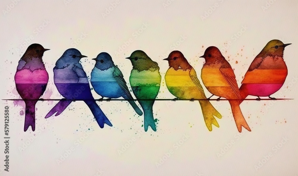  a group of birds sitting on a wire with watercolor paint splashes on its sides and the colors of t