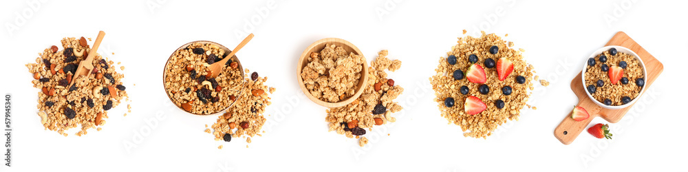 Collage of crunchy sweet granola with dried fruits, nuts and fresh berries on white background, top 