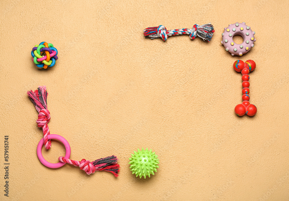 Composition with pet toys on color background