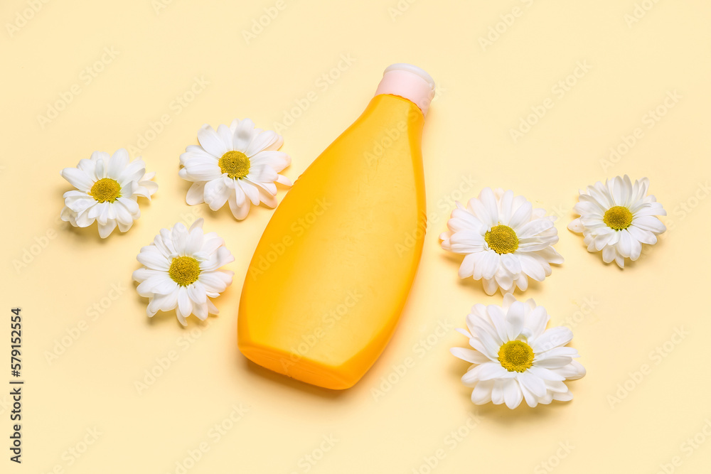 Bottle of cosmetic product and chamomile flowers on color background