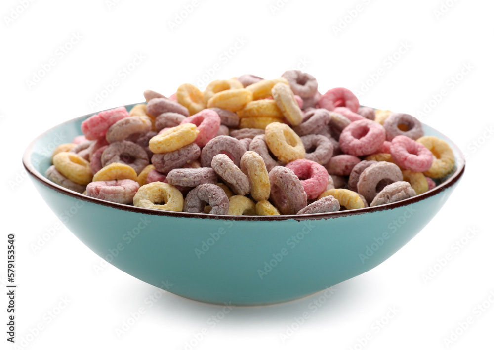 Bowl of colorful cereal rings isolated on white background