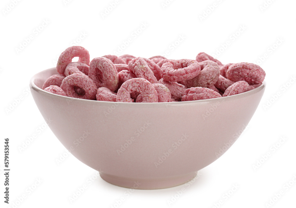 Bowl of pink cereal rings isolated on white background