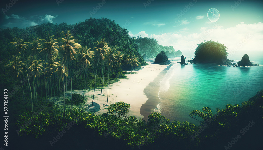 Tropical jungle on the ocean shore. Paradise landscape. Generative AI