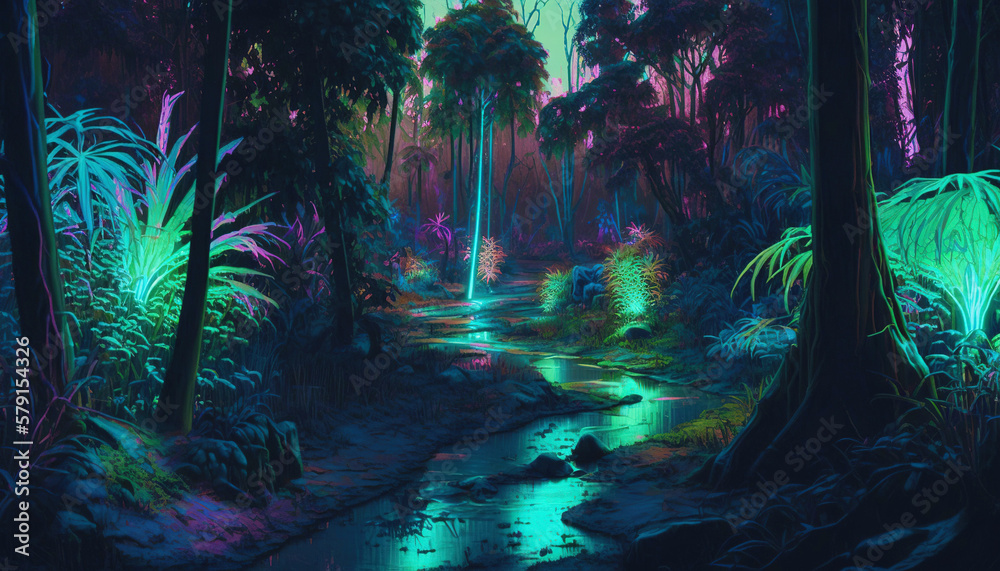 Tropical jungle in vibrant gradient neon colors. Synthwave rain forest. Generative AI