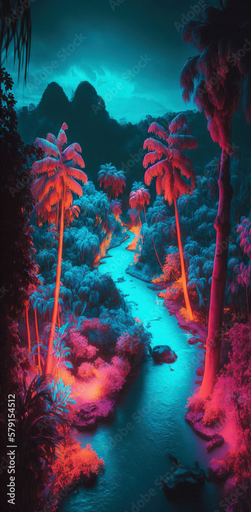 Tropical jungle in vibrant gradient neon colors. Synthwave rain forest. Generative AI