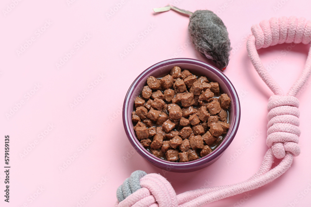 Bowl of wet pet food and toys on pink background