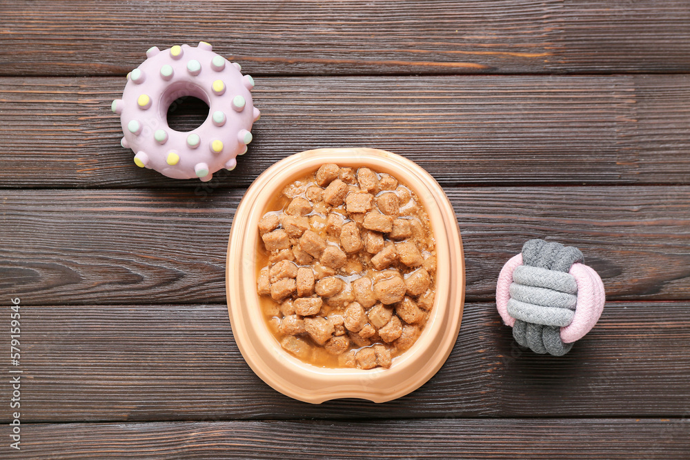 Bowl of wet pet food and toys on wooden background