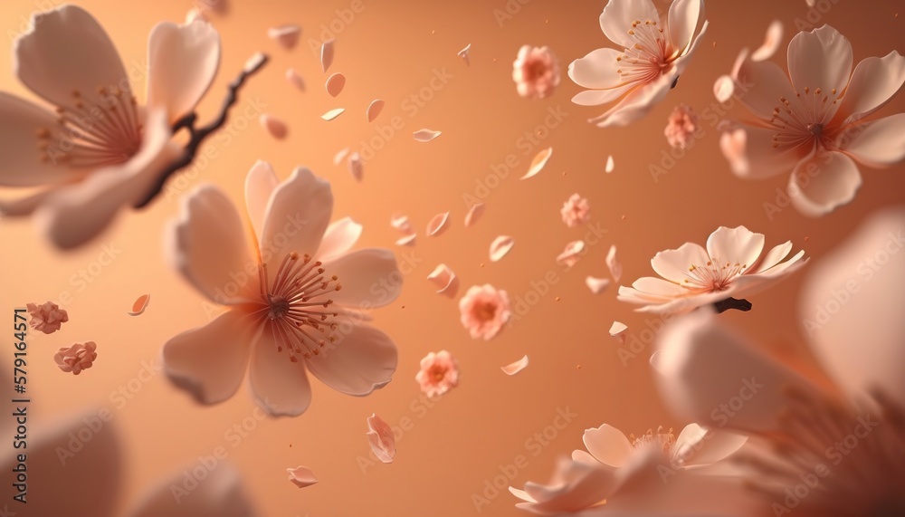 Petals of cherry blossom blown by the wind. Sakura flowers. Generative AI