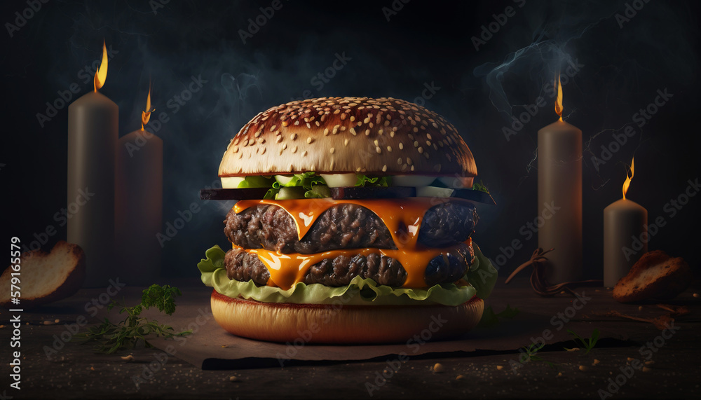 Super delicious hamburger with fresh vegetables on dark background. Generative AI