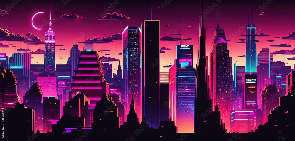 Panoramic cityscape in cyberpunk futuristic style. Towering skyscrapers in neon retrowave colors. Ge