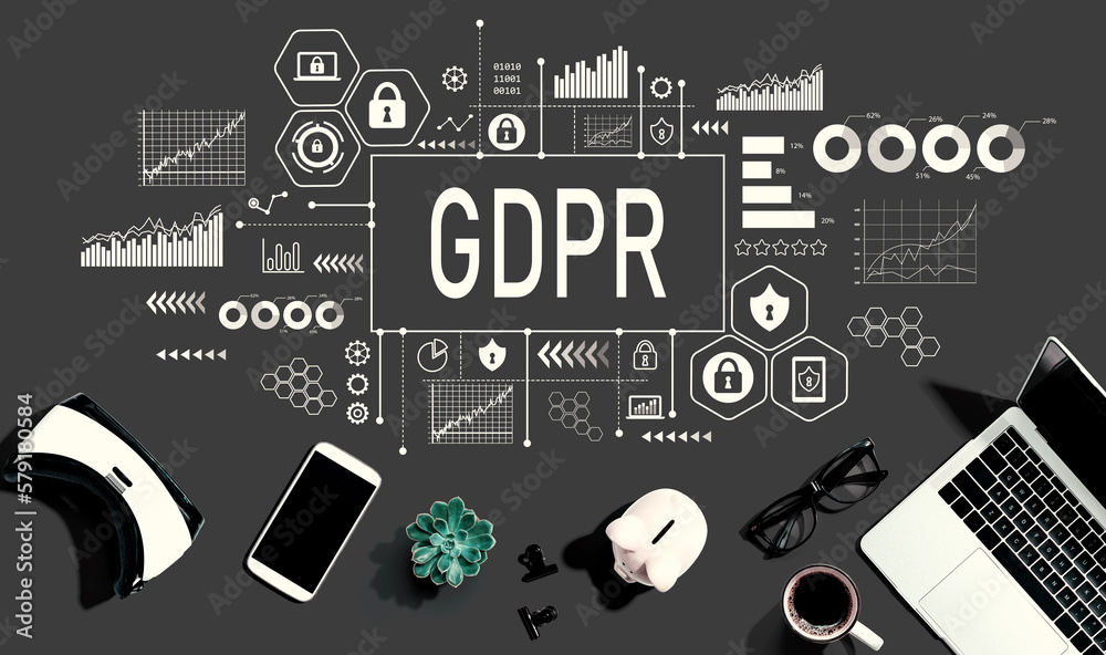 GDPR with electronic gadgets and office supplies - flat lay