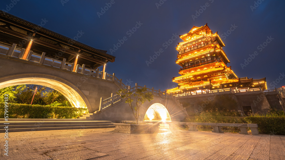 Ancient architecture night scene in the old King of Suqian Xiang