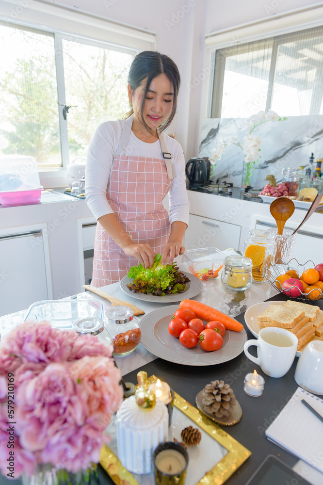 Thai girl cook and food background