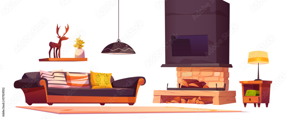 Isolated alpine chalet house furniture vector set. Cartoon cabin interior with fireplace and wood il