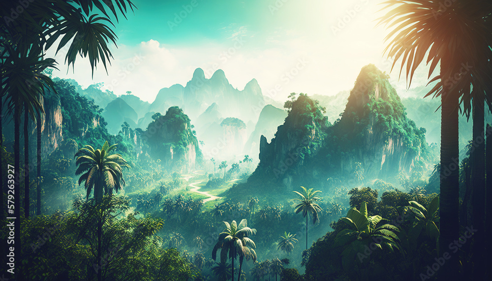 Tropical jungle with river. Green scenery of paradise forest. Generative AI