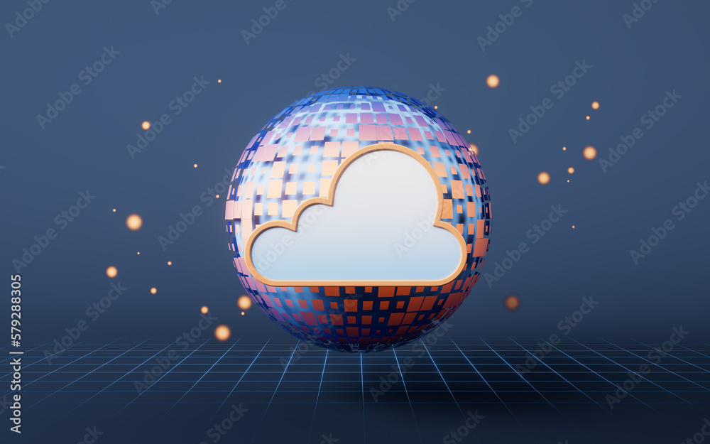 Cloud computing with digital sphere, 3d rendering.