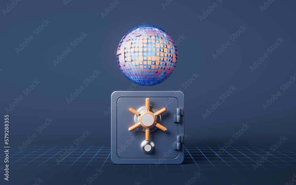 Safe box with digital sphere background, 3d rendering.