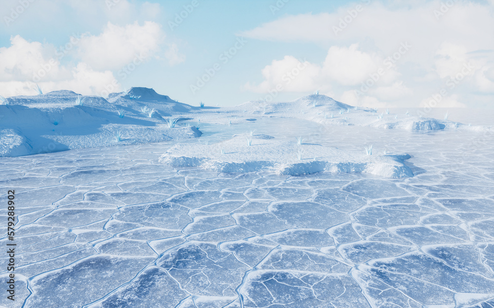 Ice ground with crack pattern, 3d rendering.