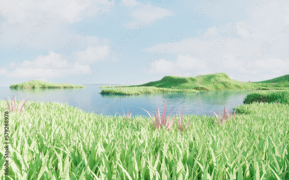 Green grassland with lakes, 3d rendering.