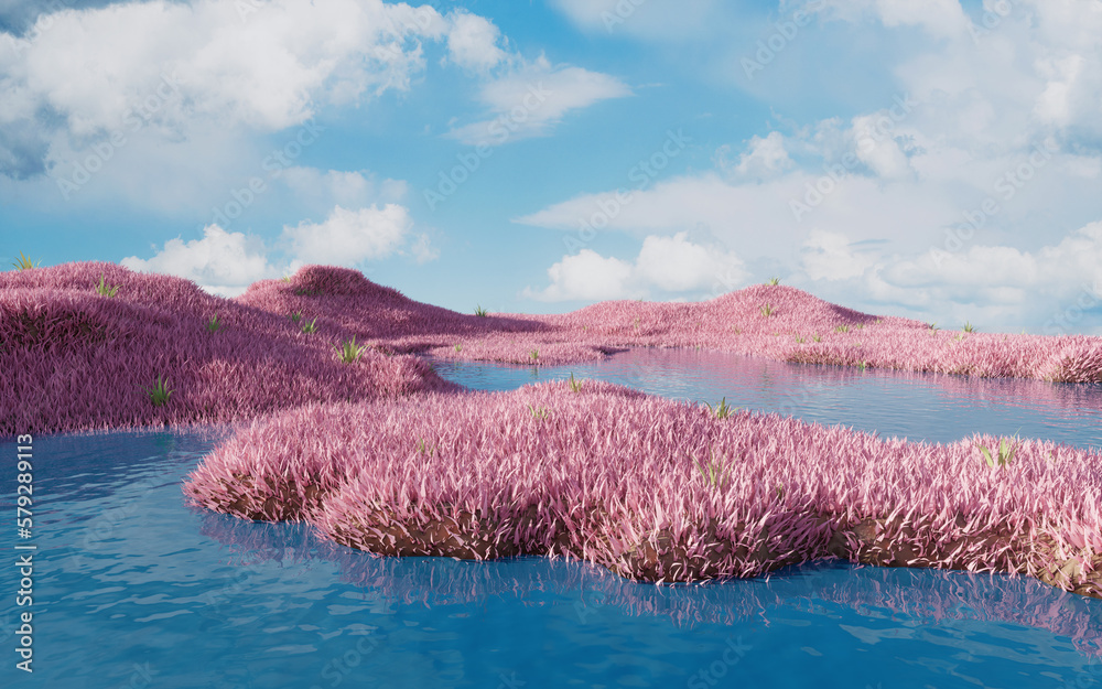 Pink grassland with lakes, 3d rendering.