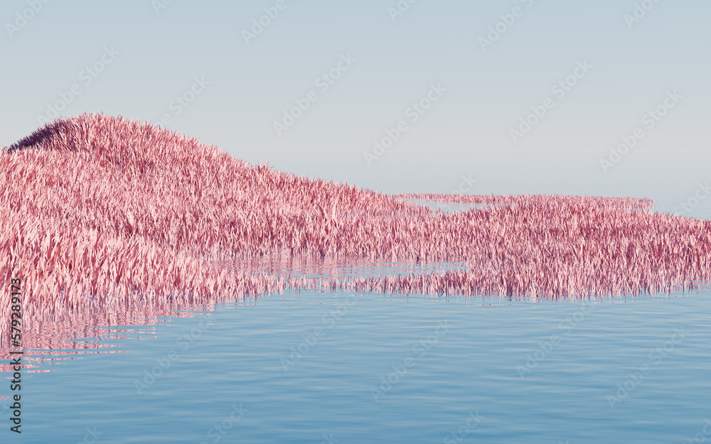 Pink grassland with lakes, 3d rendering.