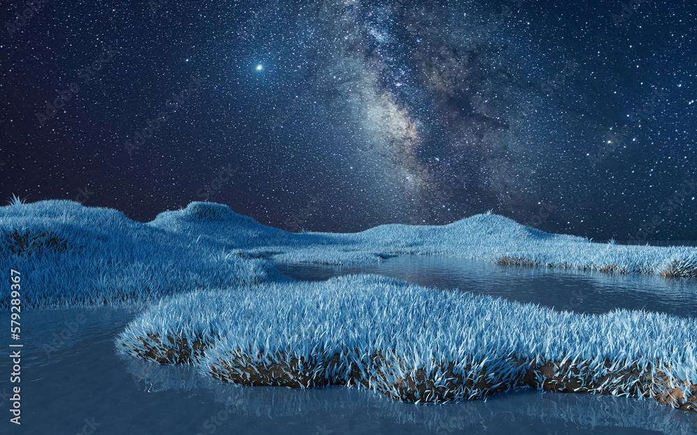 Blue grassland with milky way at night, 3d rendering.