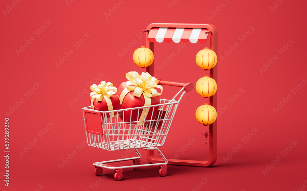 Online shop with 3d cartoon style, 3d rendering.