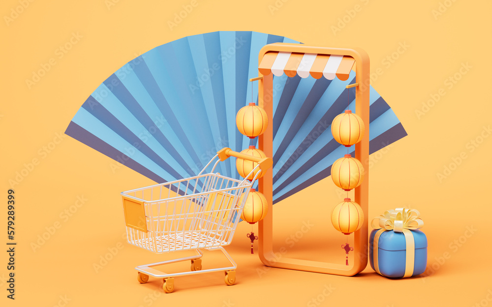 Online shop with 3d cartoon style, 3d rendering.