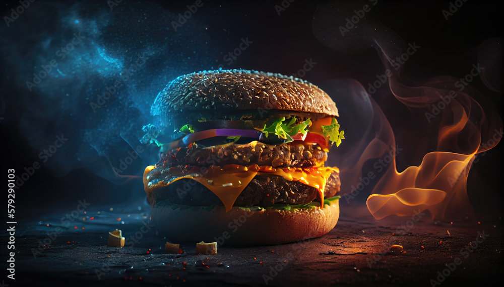 delicious fresh burger on a dark background. Generative AI