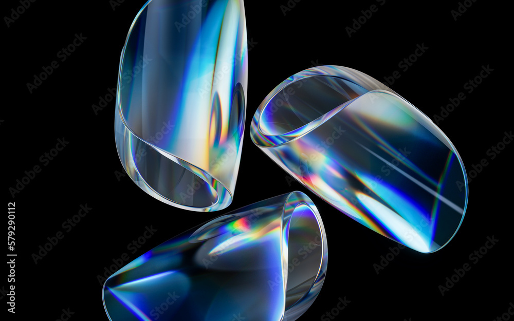 Colorful curve glass with dispersion, 3d rendering.