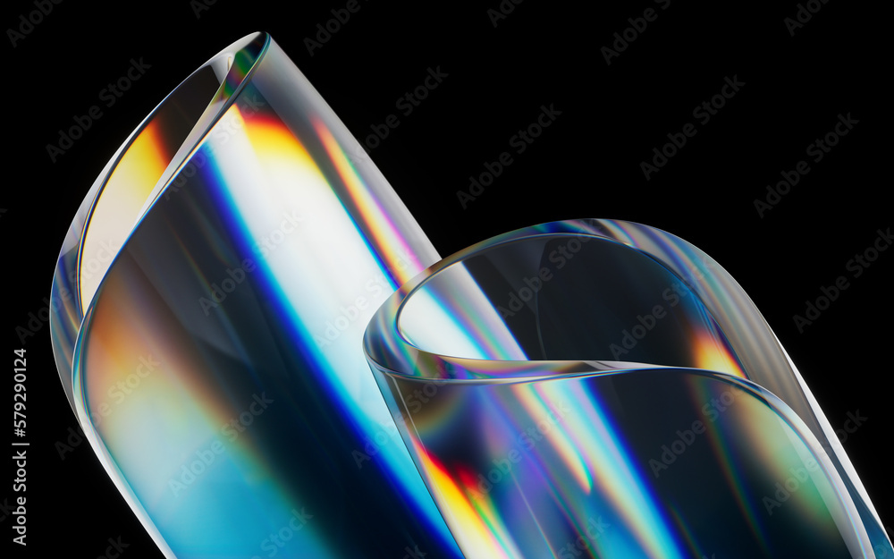 Colorful curve glass with dispersion, 3d rendering.