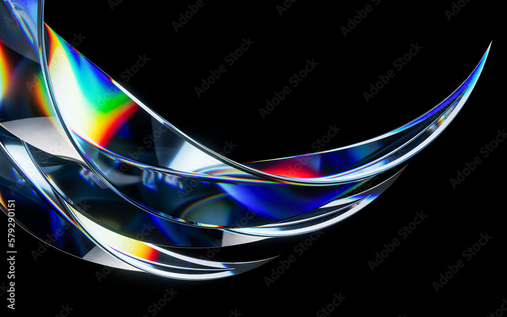 Colorful curve glass with dispersion, 3d rendering.