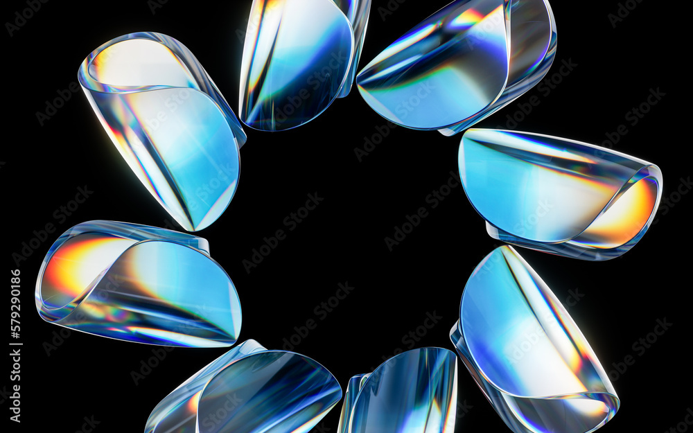 Colorful curve glass with dispersion, 3d rendering.