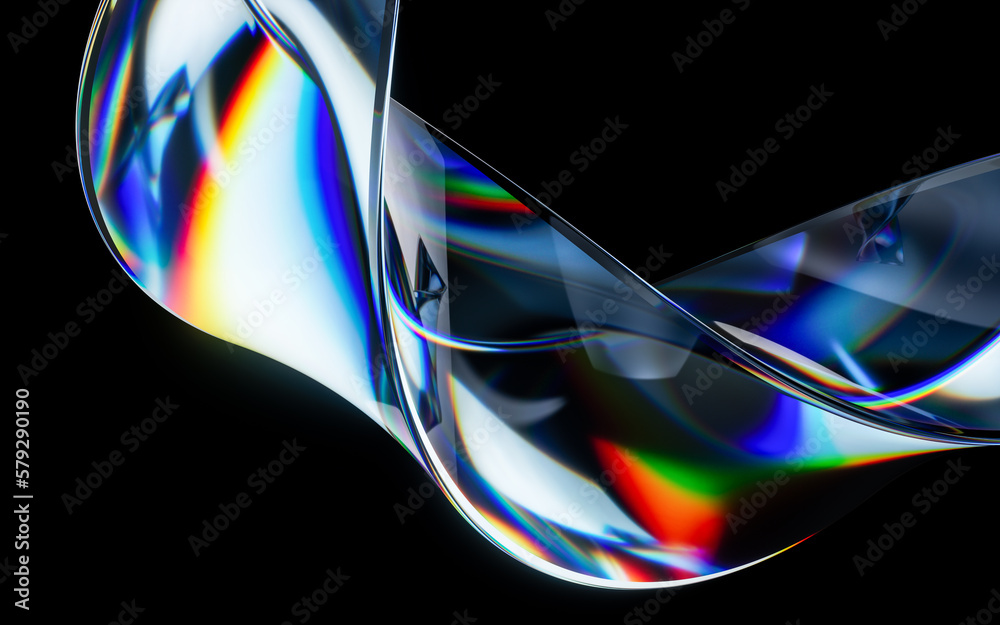 Colorful curve glass with dispersion, 3d rendering.