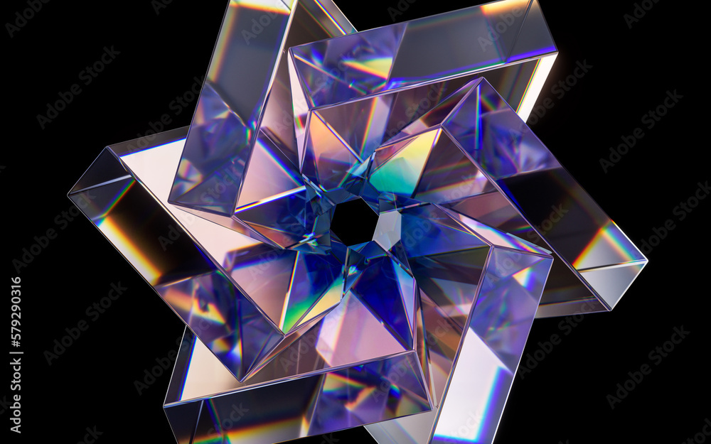 Glass geometries with dispersion colors, 3d rendering.