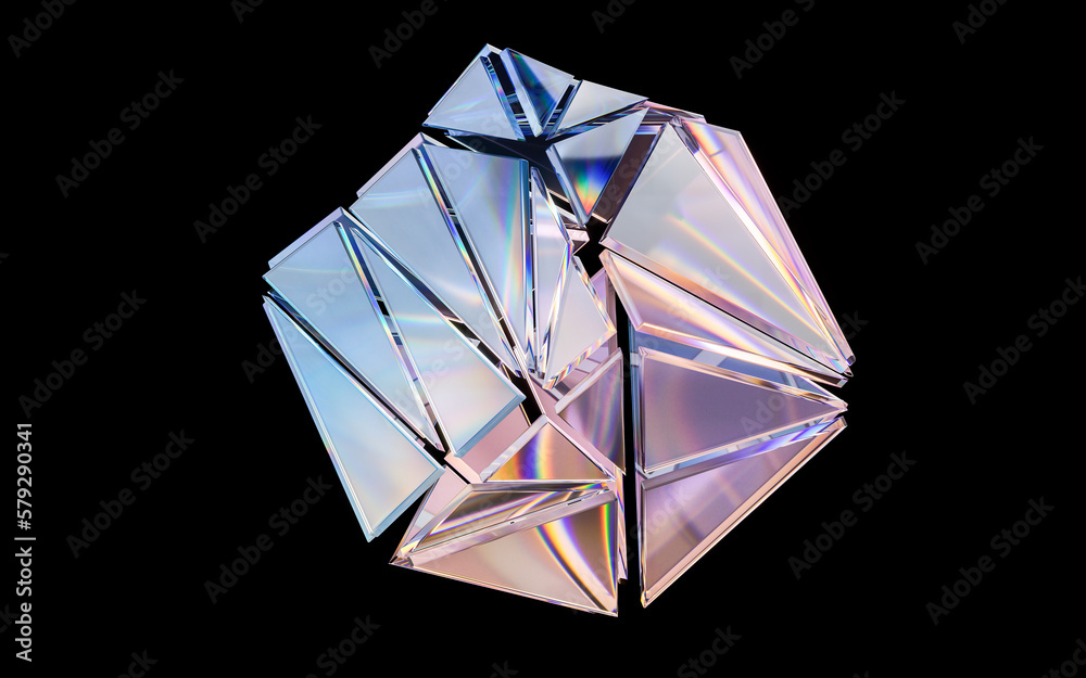 Glass geometries with dispersion colors, 3d rendering.