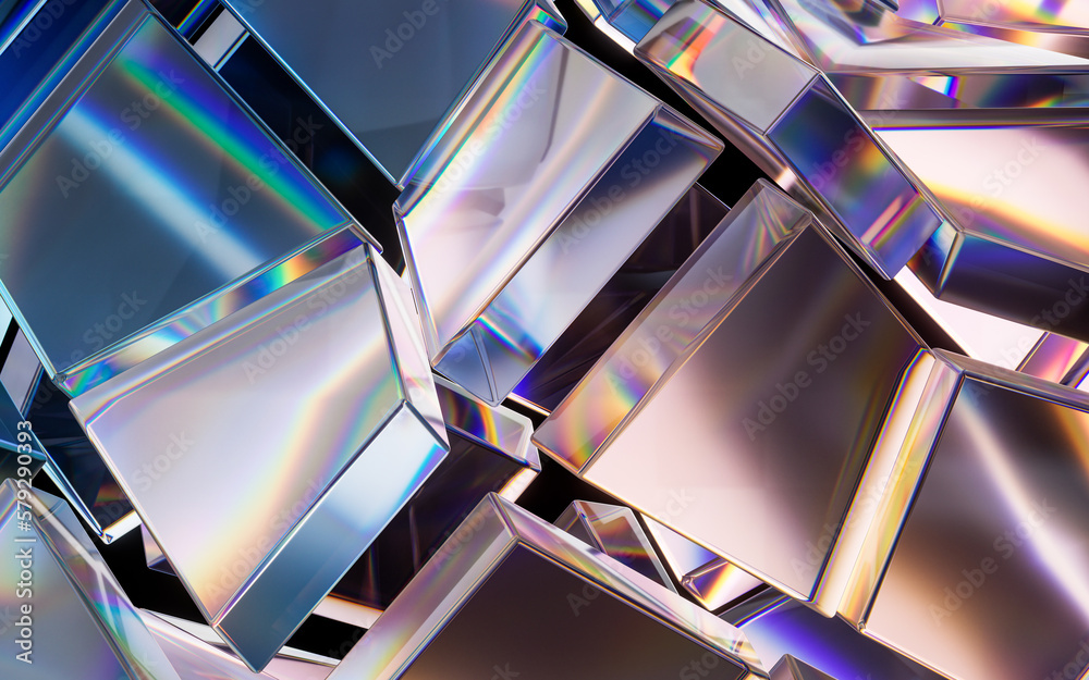 Glass geometries with dispersion colors, 3d rendering.