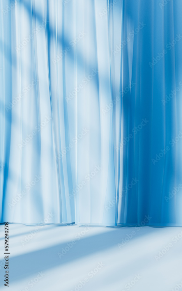 Blue curtain with sunlight comes in, 3d rendering.