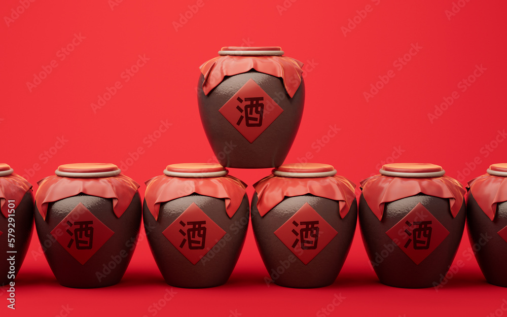 Chinese ancient wine with retro style, 3d rendering. Translation on the jar: wine.