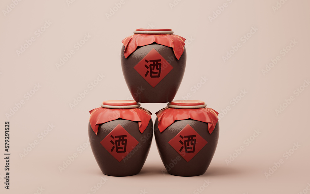 Chinese ancient wine with retro style, 3d rendering. Translation on the jar: wine.